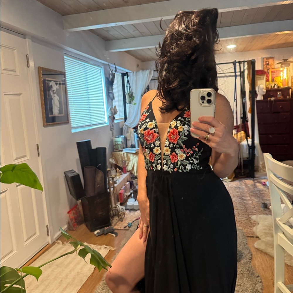 Faviana Floral Embroidered Black Maxi Dress